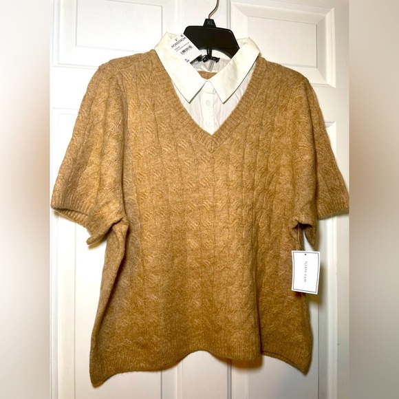 1.state Womans Twofer Cable Knit Sweater XL Tan Cropped Soft Collared NWT - Picture 1 of 7